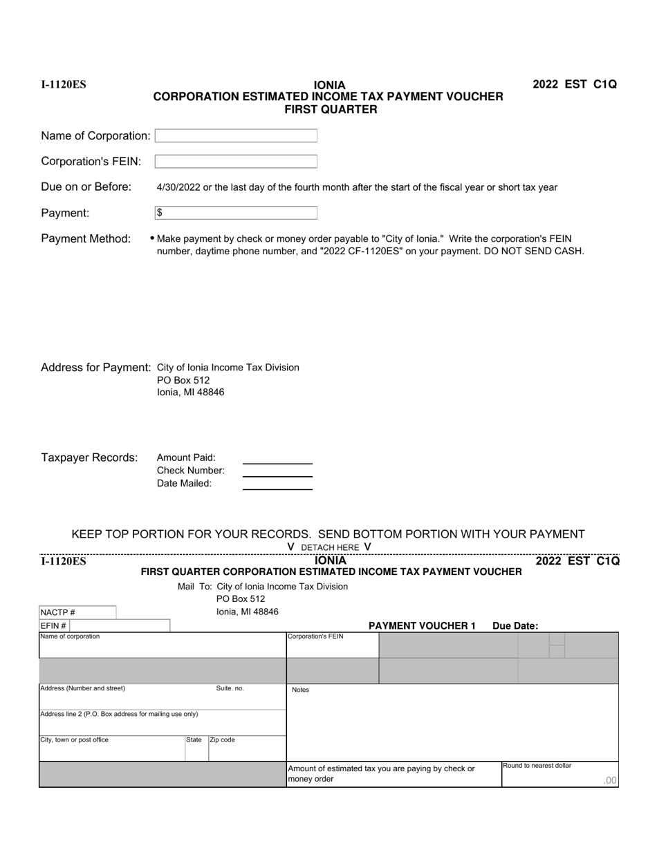 Form I-1120ES Corporation Estimated Income Tax Payment Voucher - City of Ionia, Michigan, Page 1