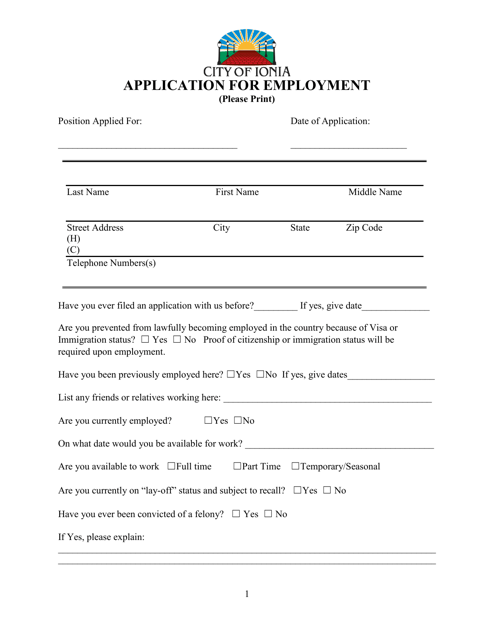 Application for Employment - City of Ionia, Michigan Download Pdf