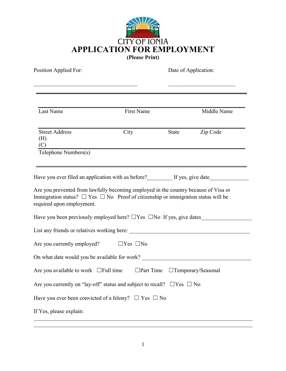 Application for Employment - City of Ionia, Michigan, Page 1