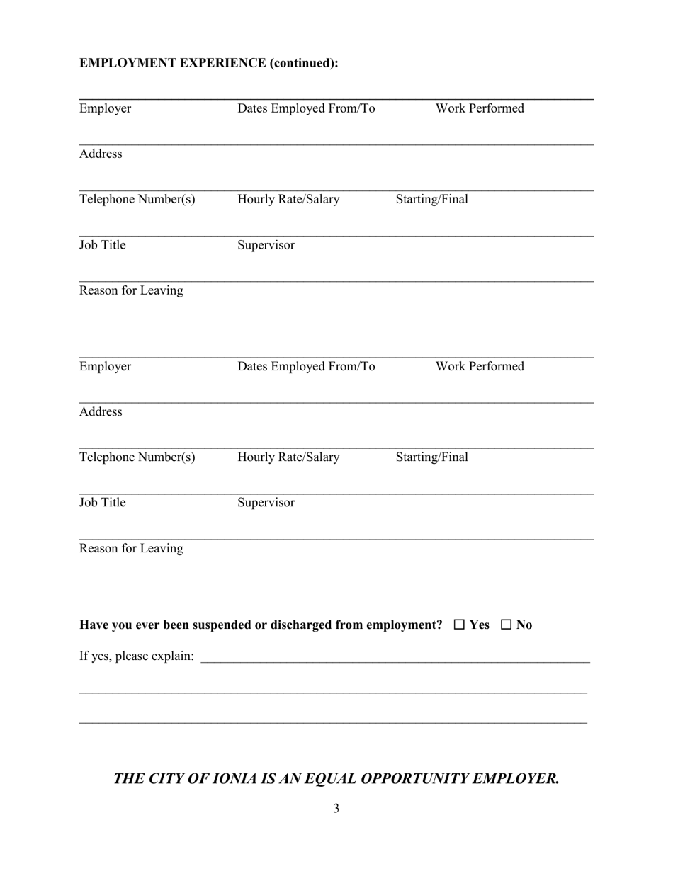 Application for Employment - City of Ionia, Michigan, Page 3