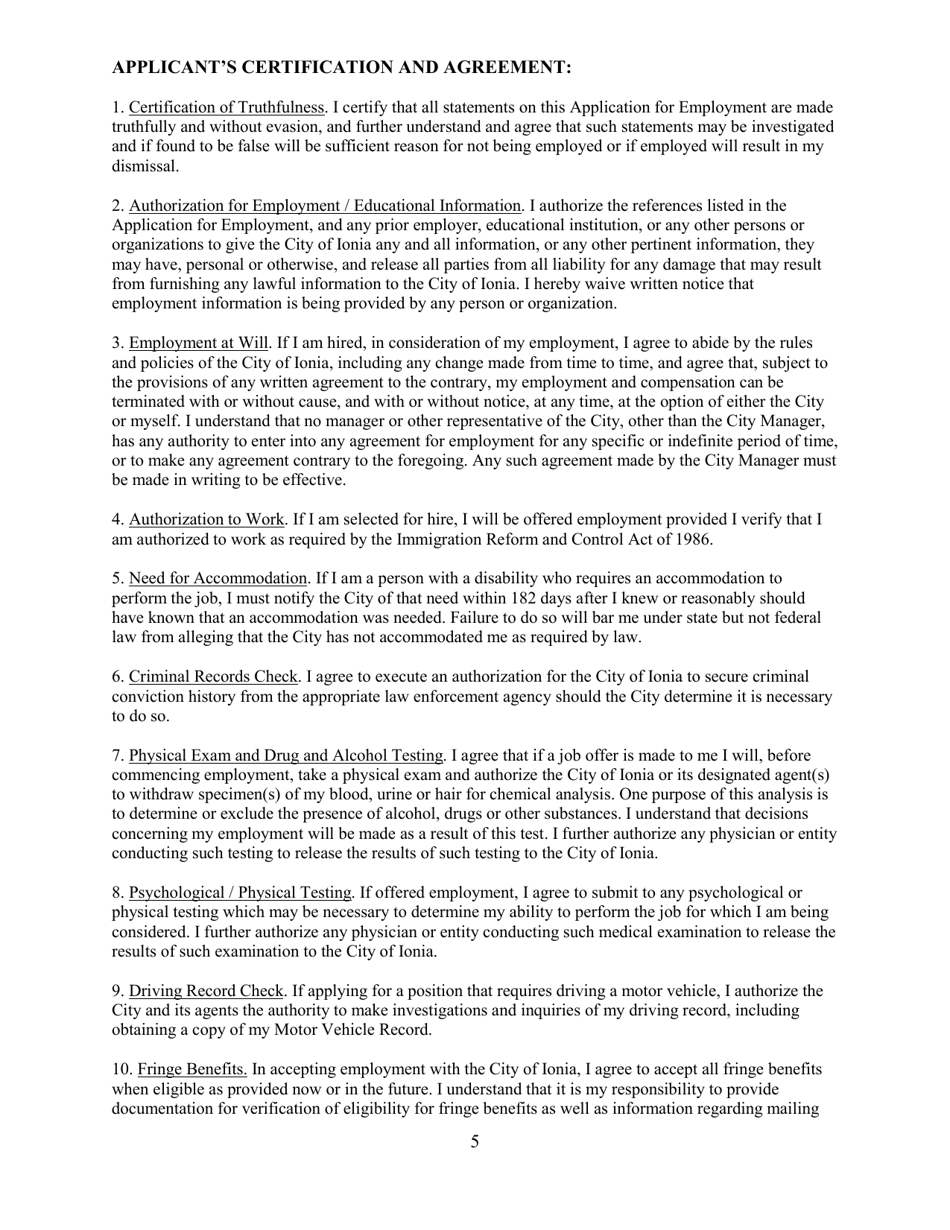 Application for Employment - City of Ionia, Michigan, Page 5
