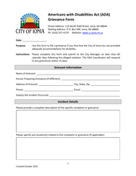 Document preview: Americans With Disabilities Act (Ada) Grievance Form - City of Ionia, Michigan