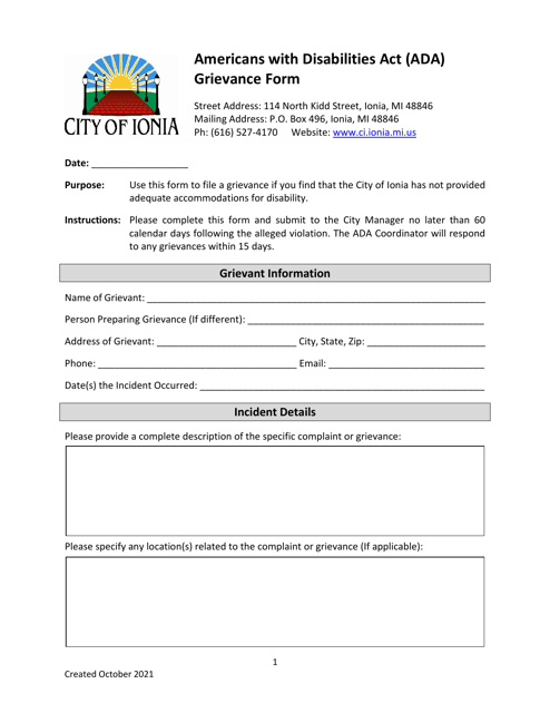 "Americans With Disabilities Act (Ada) Grievance Form" - City of Ionia, Michigan Download Pdf