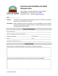 &quot;Americans With Disabilities Act (Ada) Grievance Form&quot; - City of Ionia, Michigan
