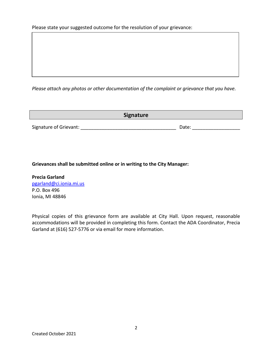 Americans With Disabilities Act (Ada) Grievance Form - City of Ionia, Michigan, Page 2