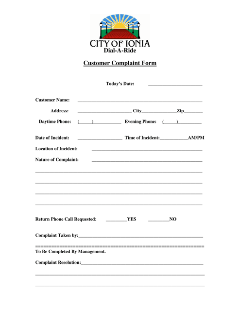 Customer Complaint Form - City of Ionia, Michigan