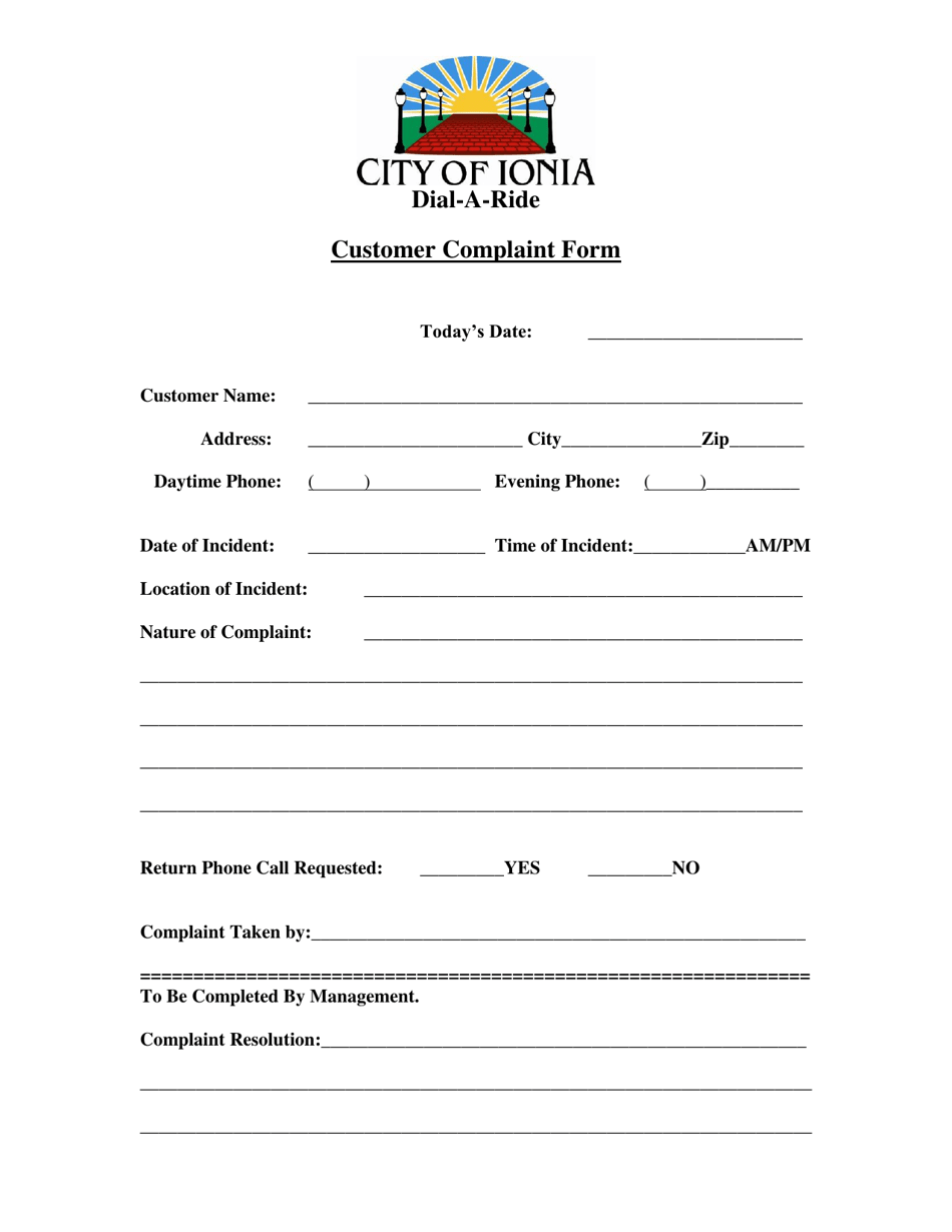 Customer Complaint Form - City of Ionia, Michigan, Page 1