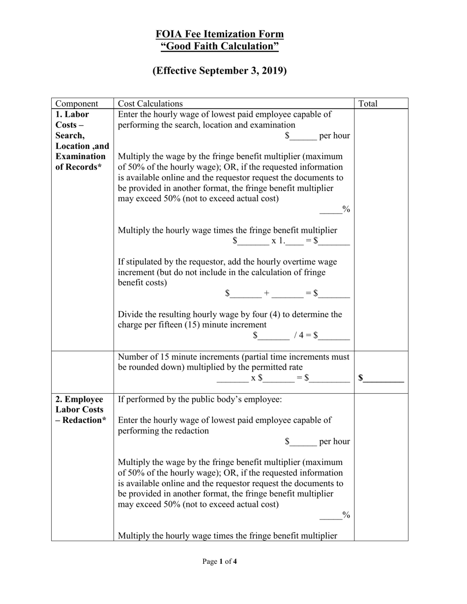 Foia Fee Itemization Form - City of Ionia, Michigan, Page 1