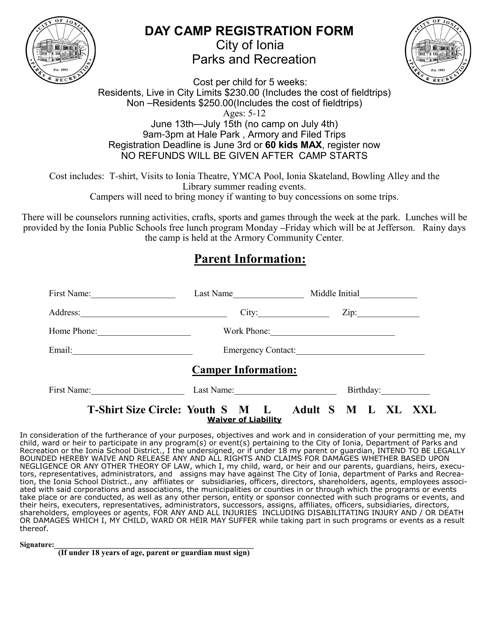 Day Camp Registration Form - City of Ionia, Michigan Download Pdf