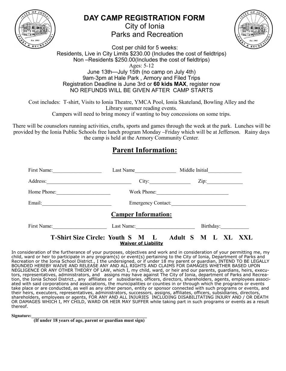 Day Camp Registration Form - City of Ionia, Michigan, Page 1