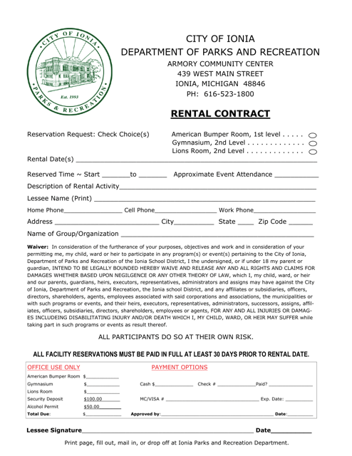 Armory Community Center Rental Contract - City of Ionia, Michigan Download Pdf