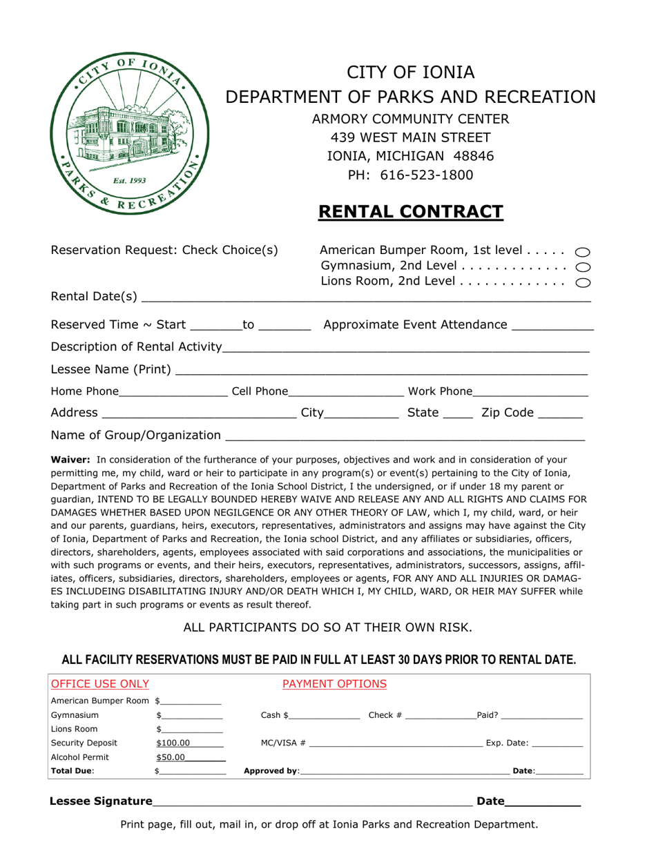 City of Ionia, Michigan Armory Community Center Rental Contract Fill