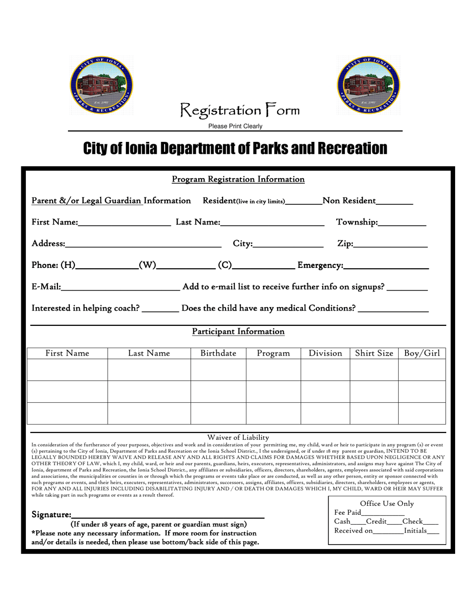 Recreation Program Registration Form - City of Ionia, Michigan, Page 1