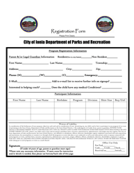 Document preview: Recreation Program Registration Form - City of Ionia, Michigan
