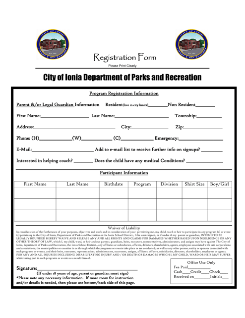 Recreation Program Registration Form - City of Ionia, Michigan Download Pdf