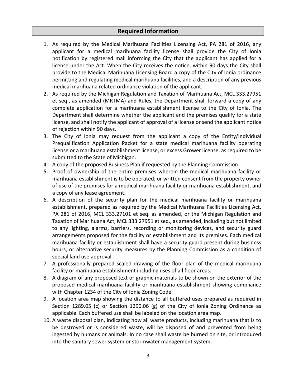 Medical Marihuana Facilities  Marihuana Establishments Application - City of Ionia, Michigan, Page 3