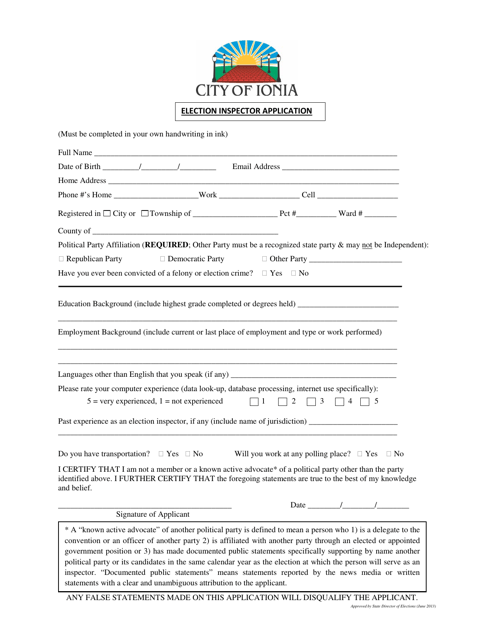 Election Inspector Application - City of Ionia, Michigan Download Pdf