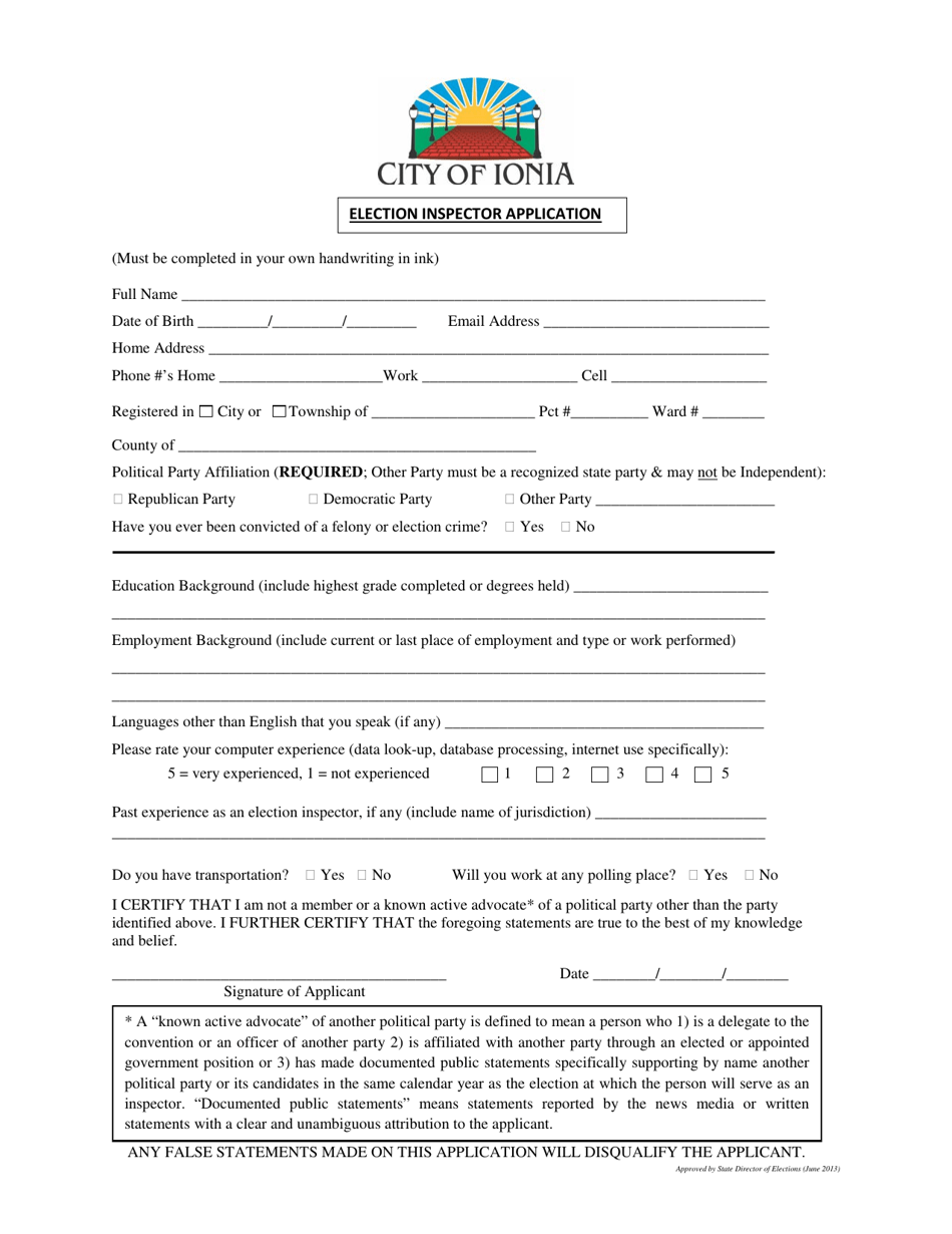 Election Inspector Application - City of Ionia, Michigan, Page 1