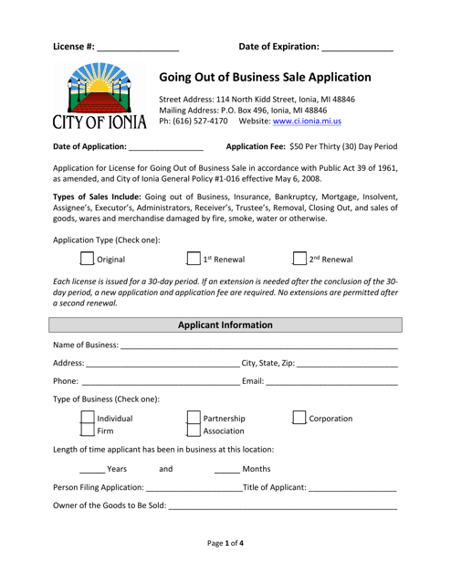 Going out of Business Sale Application - City of Ionia, Michigan