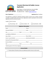 Document preview: Transient Merchant & Peddler License Application - City of Ionia, Michigan