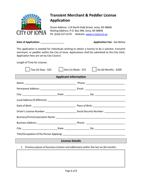 Transient Merchant & Peddler License Application - City of Ionia, Michigan