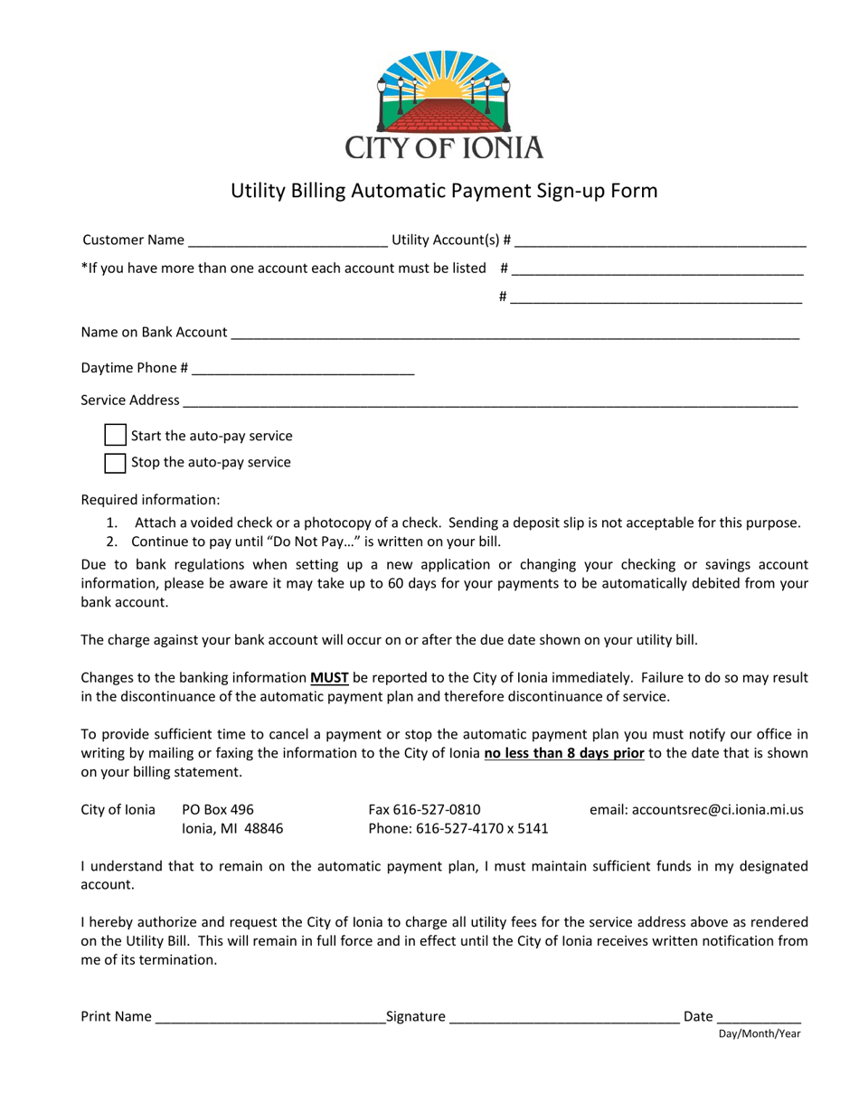 Utility Billing Automatic Payment Sign-Up Form - City of Ionia, Michigan, Page 1