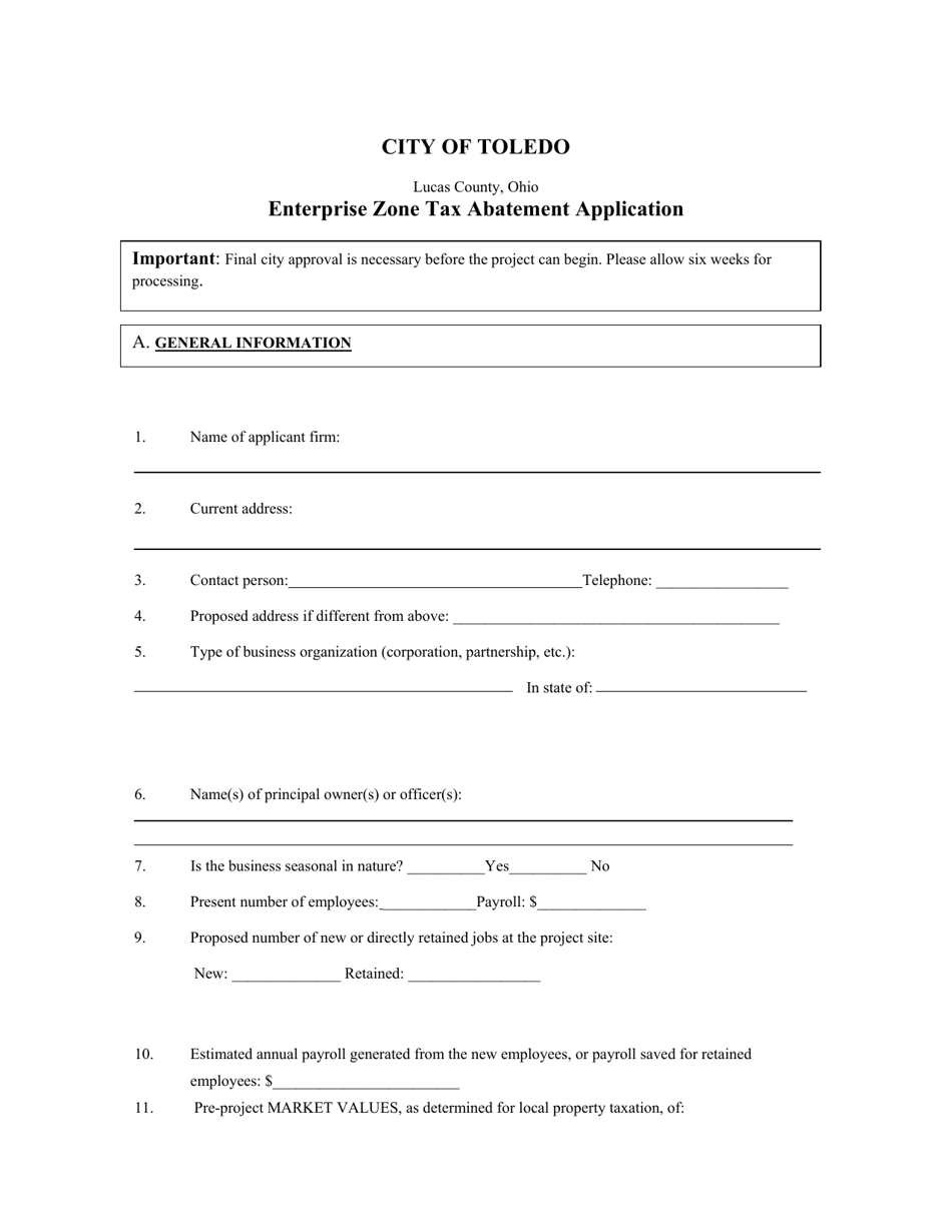 City of Toledo, Ohio Enterprise Zone Tax Abatement Application Fill