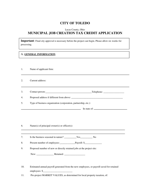 Municipal Job Creation Tax Credit Application - City of Toledo, Ohio Download Pdf