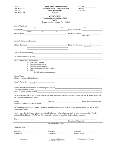 Foot Peddler and / or Temporary Store License Application - City of Toledo, Ohio Download Pdf