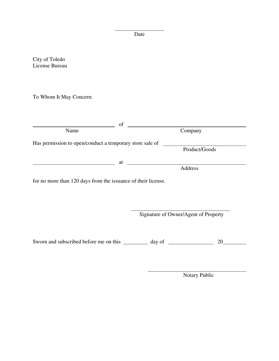 Foot Peddler and / or Temporary Store License Application - City of Toledo, Ohio, Page 2