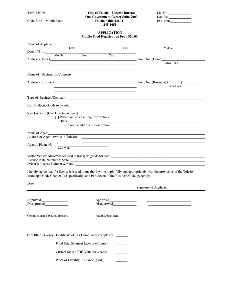 Mobile Food License Application - City of Toledo, Ohio, Page 1