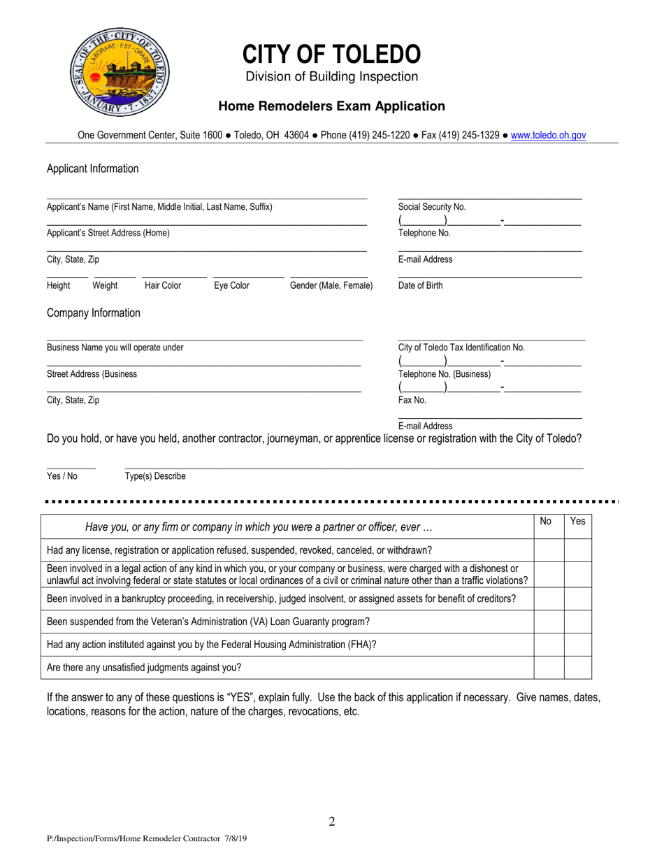 Home Remodelers Exam Application - City of Toledo, Ohio, Page 2