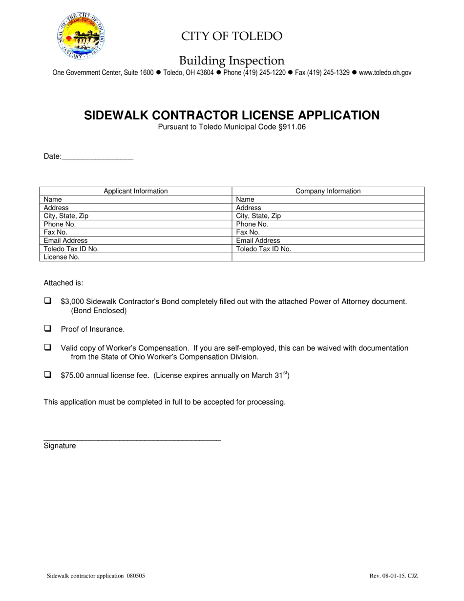 Sidewalk Contractor License Application - City of Toledo, Ohio, Page 1