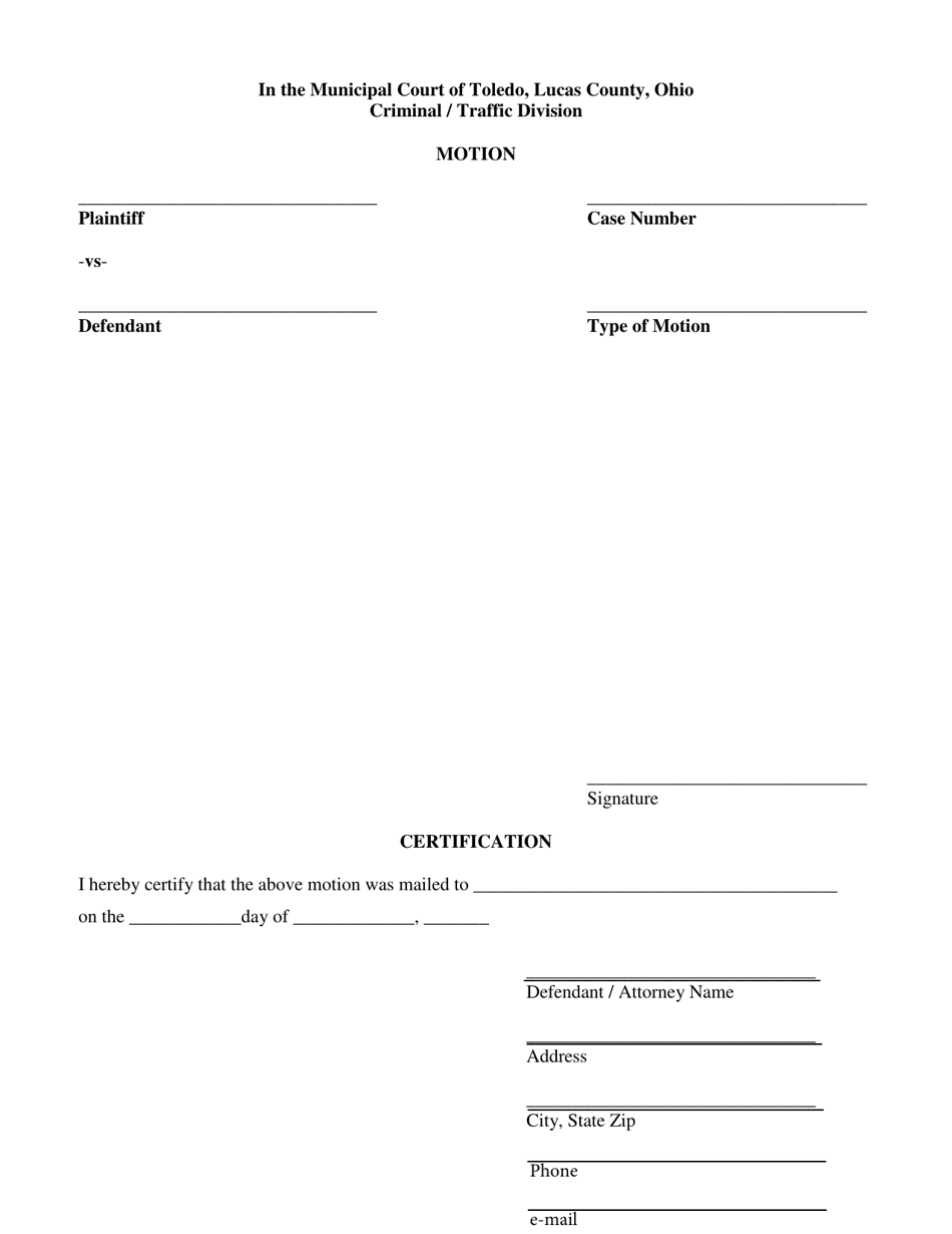 City of Toledo, Ohio Motion - Criminal/Traffic Division - Fill Out ...