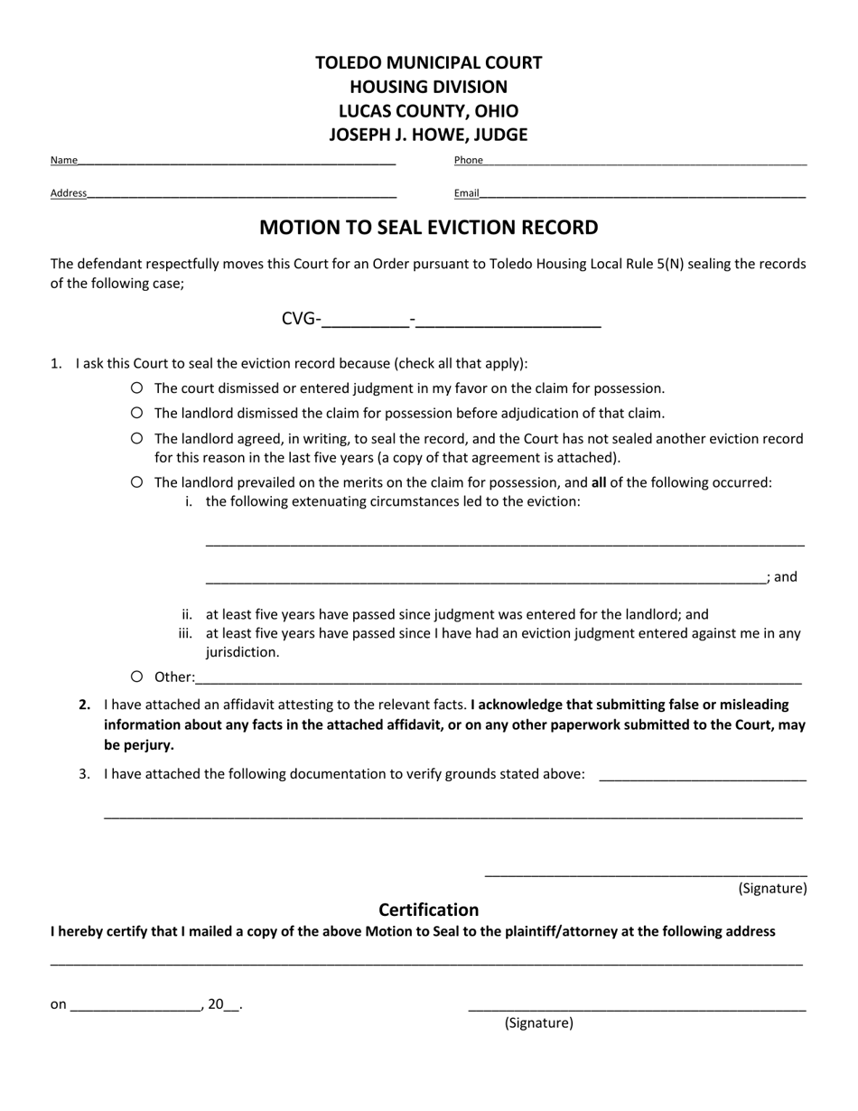City of Toledo, Ohio Motion to Seal Eviction Record Download Printable PDF Templateroller