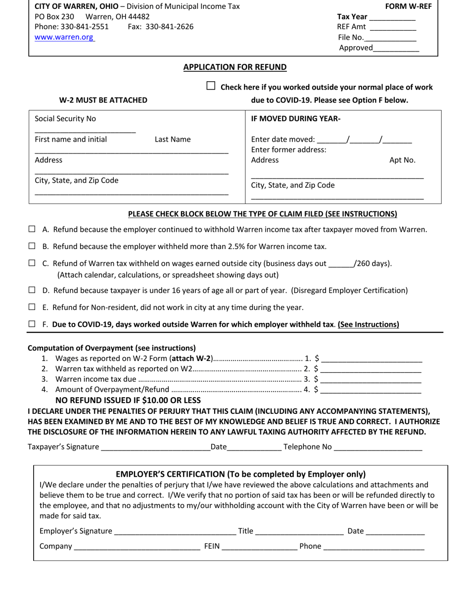 Form W-REF Application for Refund - City of Warren, Ohio, Page 1