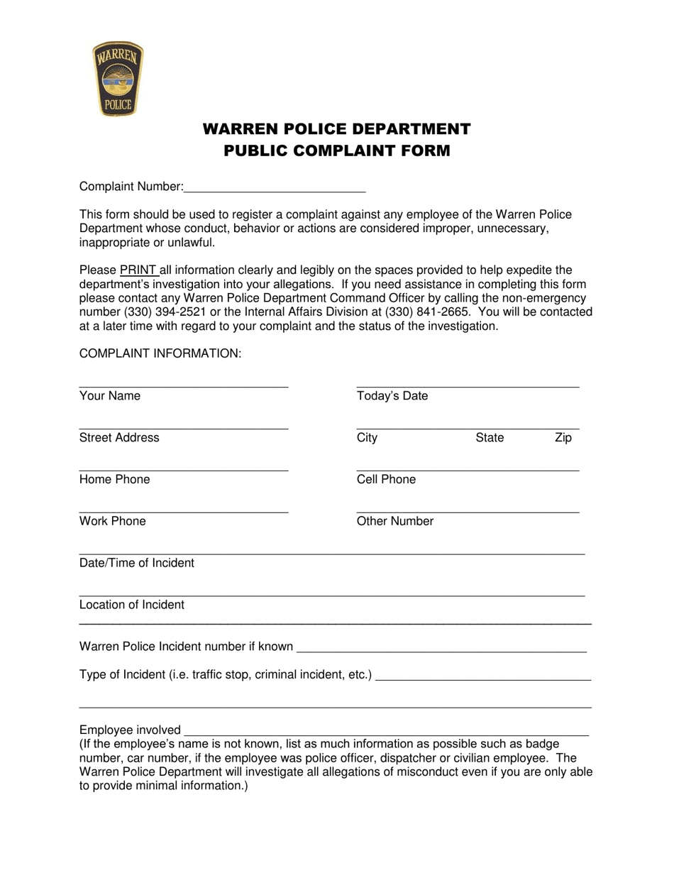 Public Complaint Form - City of Warren, Ohio, Page 1