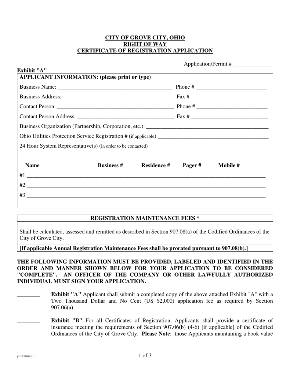 Right-Of-Way Certificate of Registration Application - Grove City, Ohio, Page 1
