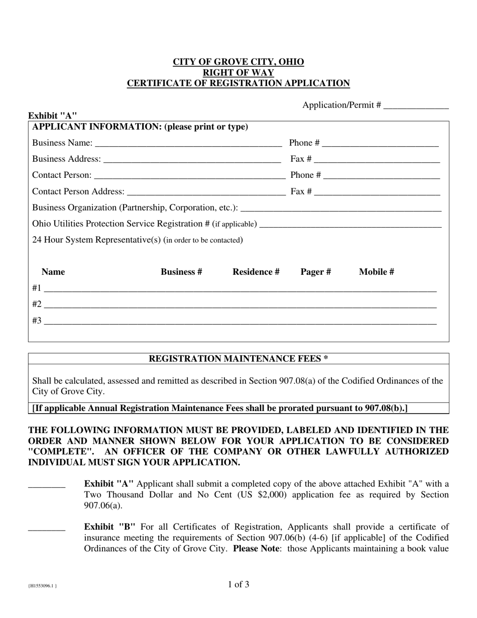 Grove City, Ohio Right-Of-Way Certificate of Registration Application ...