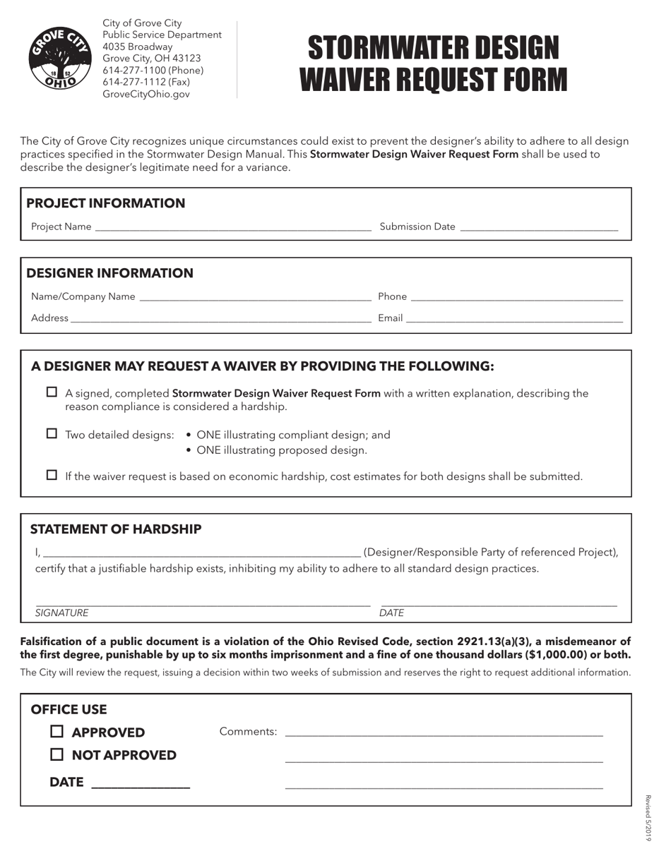 Stormwater Design Waiver Request Form - Grove City, Ohio, Page 1