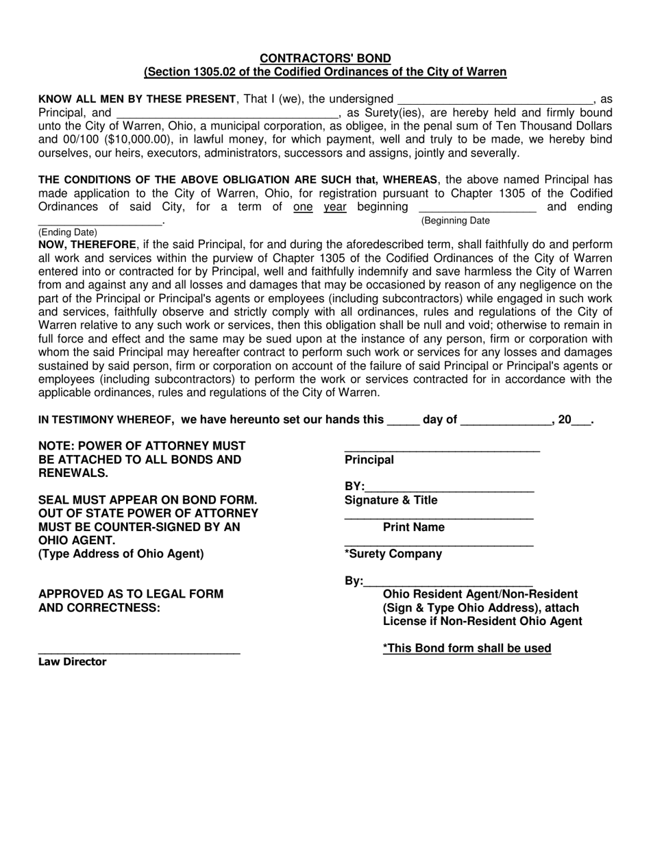 Contractors Bond - City of Warren, Ohio, Page 1