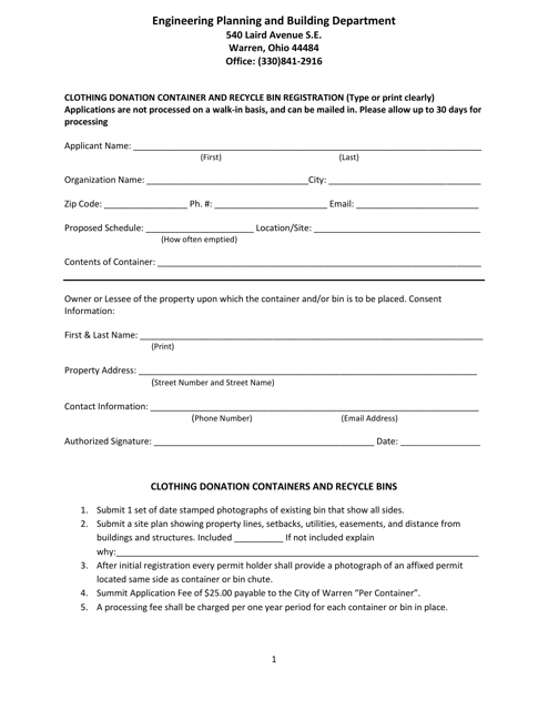 Clothing Donation Container and Recycle Bin Registration - City of Warren, Ohio Download Pdf