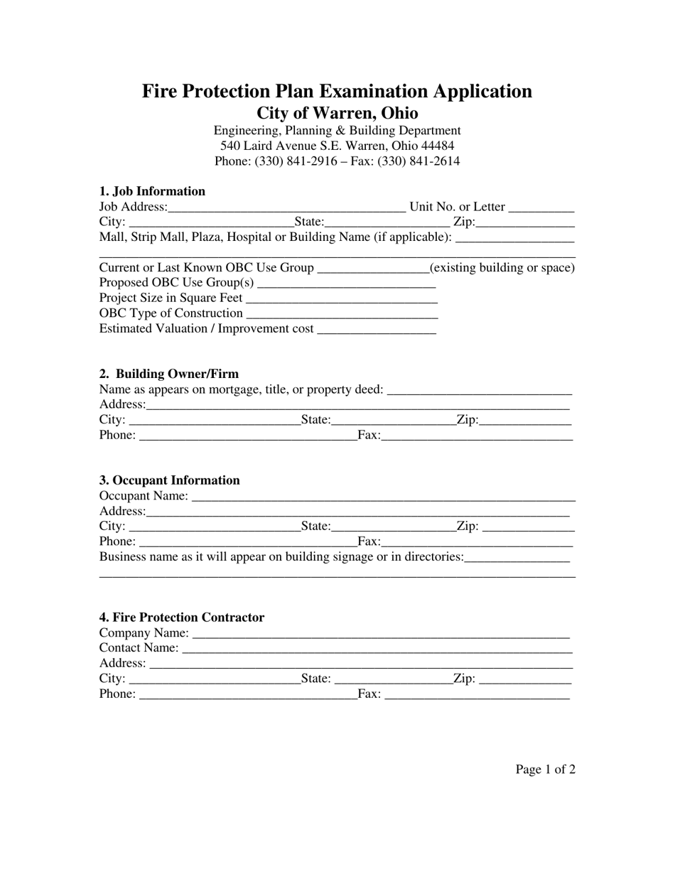 City of Warren, Ohio Fire Protection Plan Examination Application Download Printable PDF