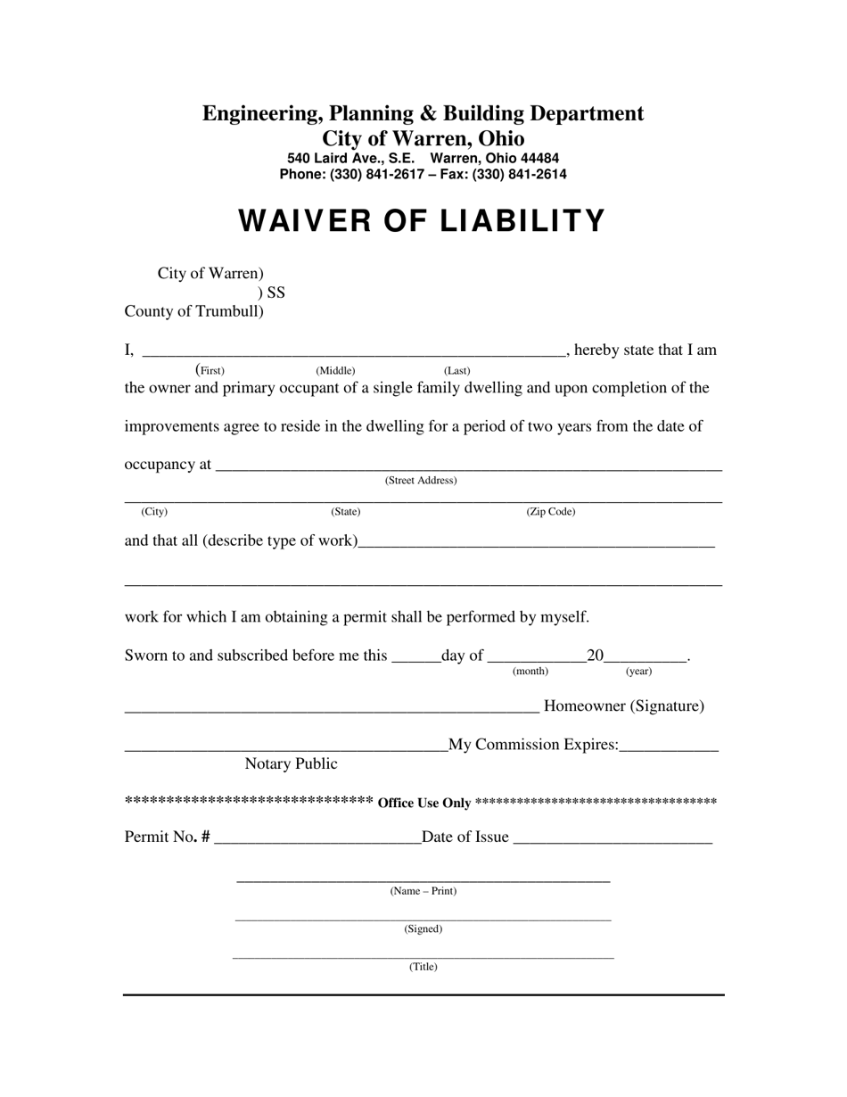 Waiver of Liability - City of Warren, Ohio, Page 1