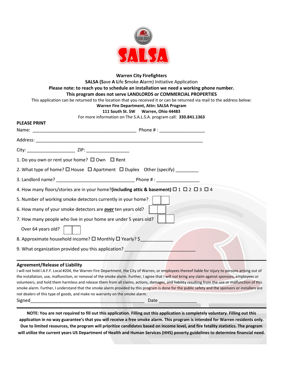 Salsa (Save a Life Smoke Alarm) Initiative Application - City of Warren, Ohio, Page 1