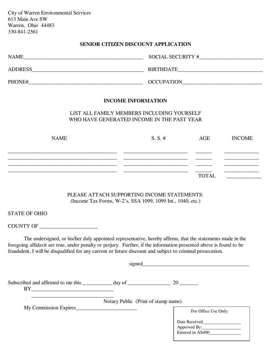 Senior Citizen Discount Application - City of Warren, Ohio, Page 1