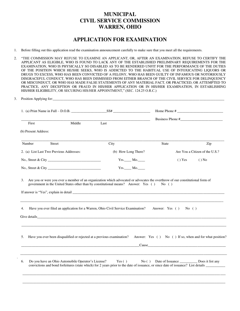 Application for Examination - City of Warren, Ohio, Page 1