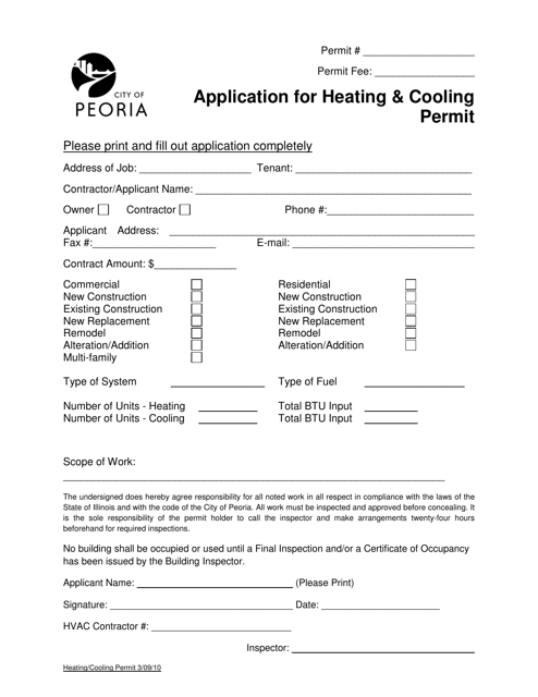 Application for Heating and Cooling Permit - City of Peoria, Illinois Download Pdf