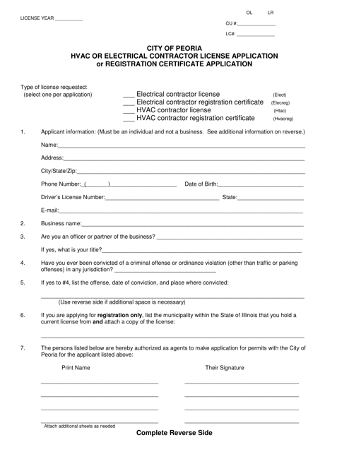 HVAC or Electrical Contractor License Application or Registration Certificate Application - City of Peoria, Illinois Download Pdf