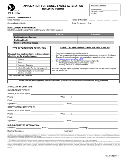 Application for Single-Family Alteration Building Permit - City of Peoria, Illinois Download Pdf